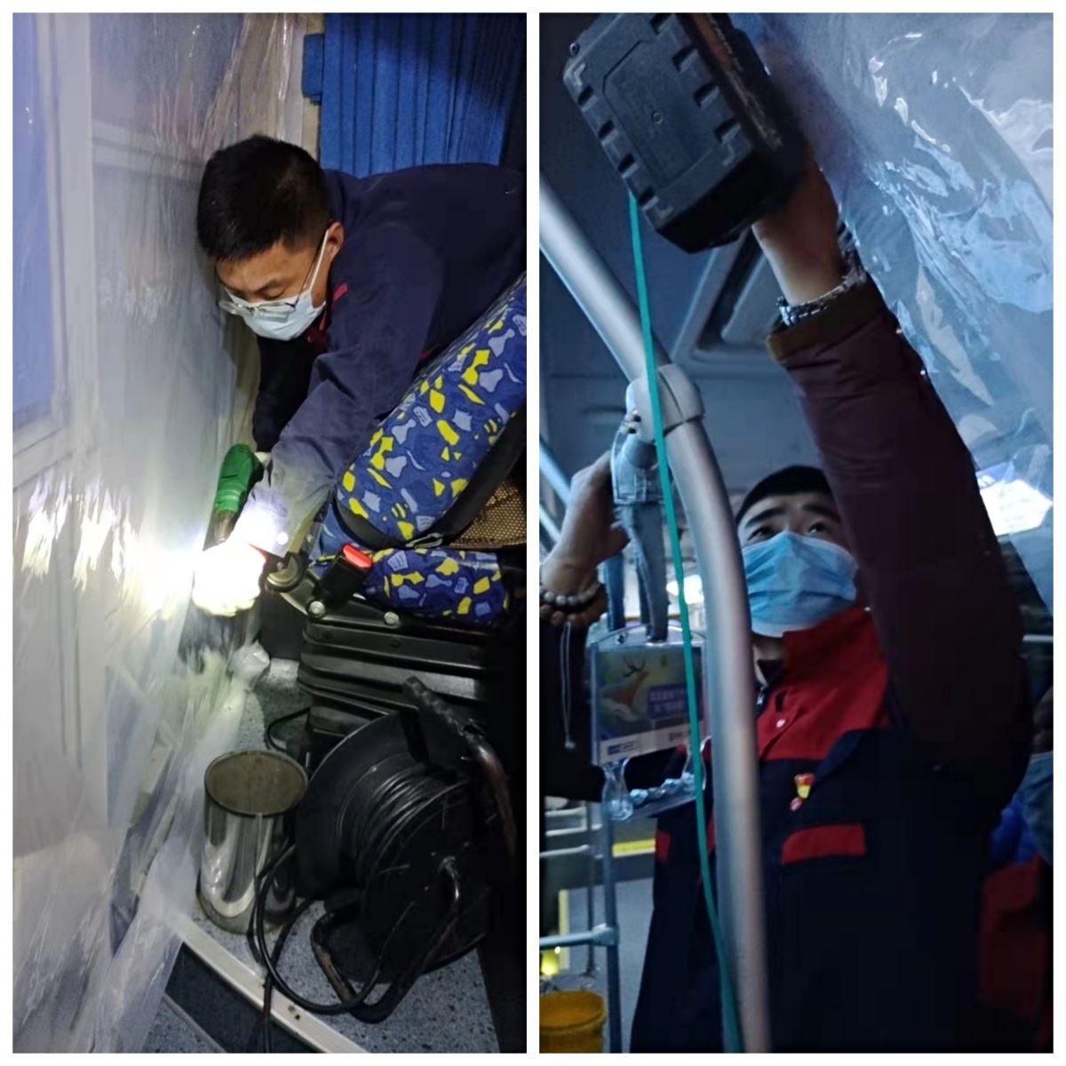 黨員先行，公交集團機務技術事業(yè)部連夜為疫情轉運車輛安裝防護膜